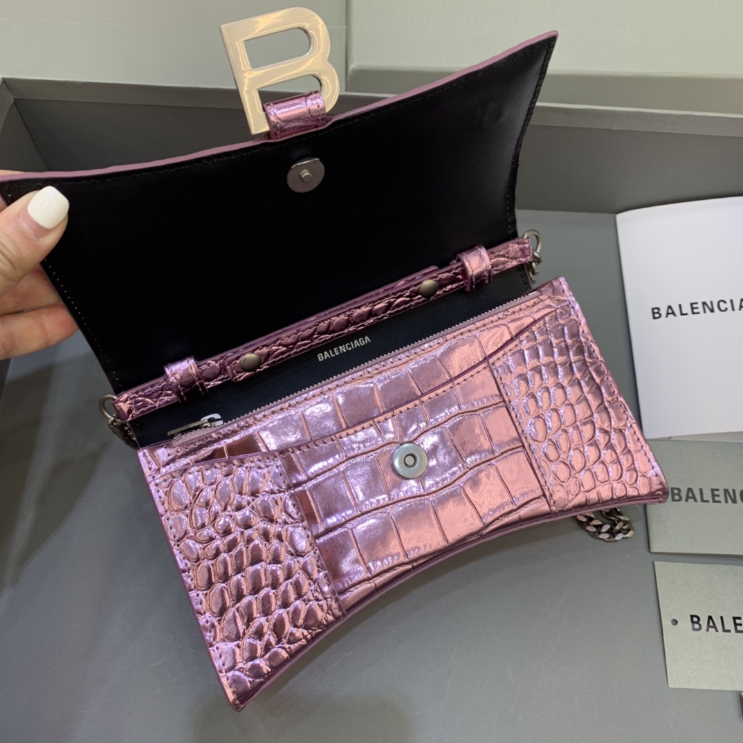 Balenciaga Small Hourglass Wallet With Chain Crocodile Embossed Shoulder Bag Purple